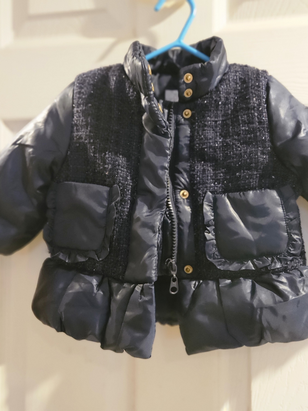 EPK Boutique Girl’s Tweed & Puffer Ruffle Winter Jacket Navy Blue - Size 12M
